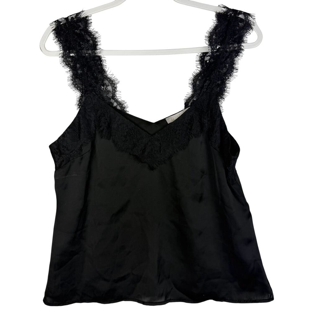 Chelsea28 Satin Lace Trim Cami Tank Eyelash Lace V Neck Women Medium Black
